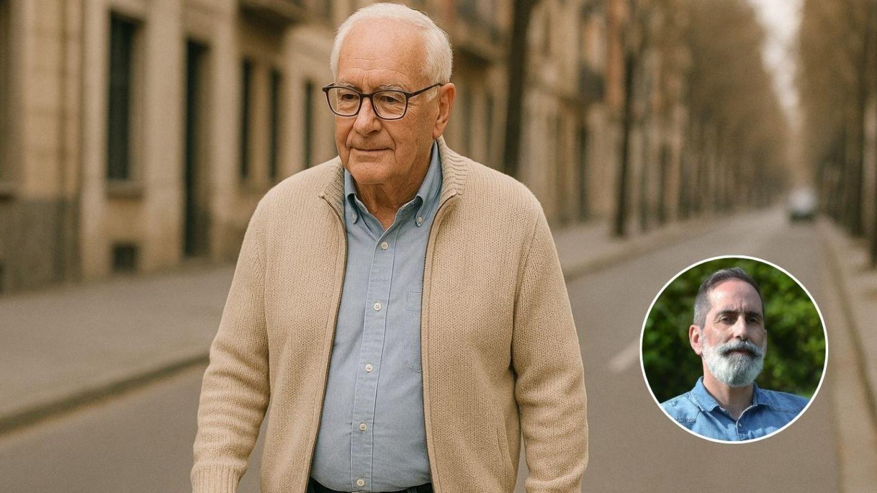 Montaje con hombre jubilado y Álber Vázquez, escritor.