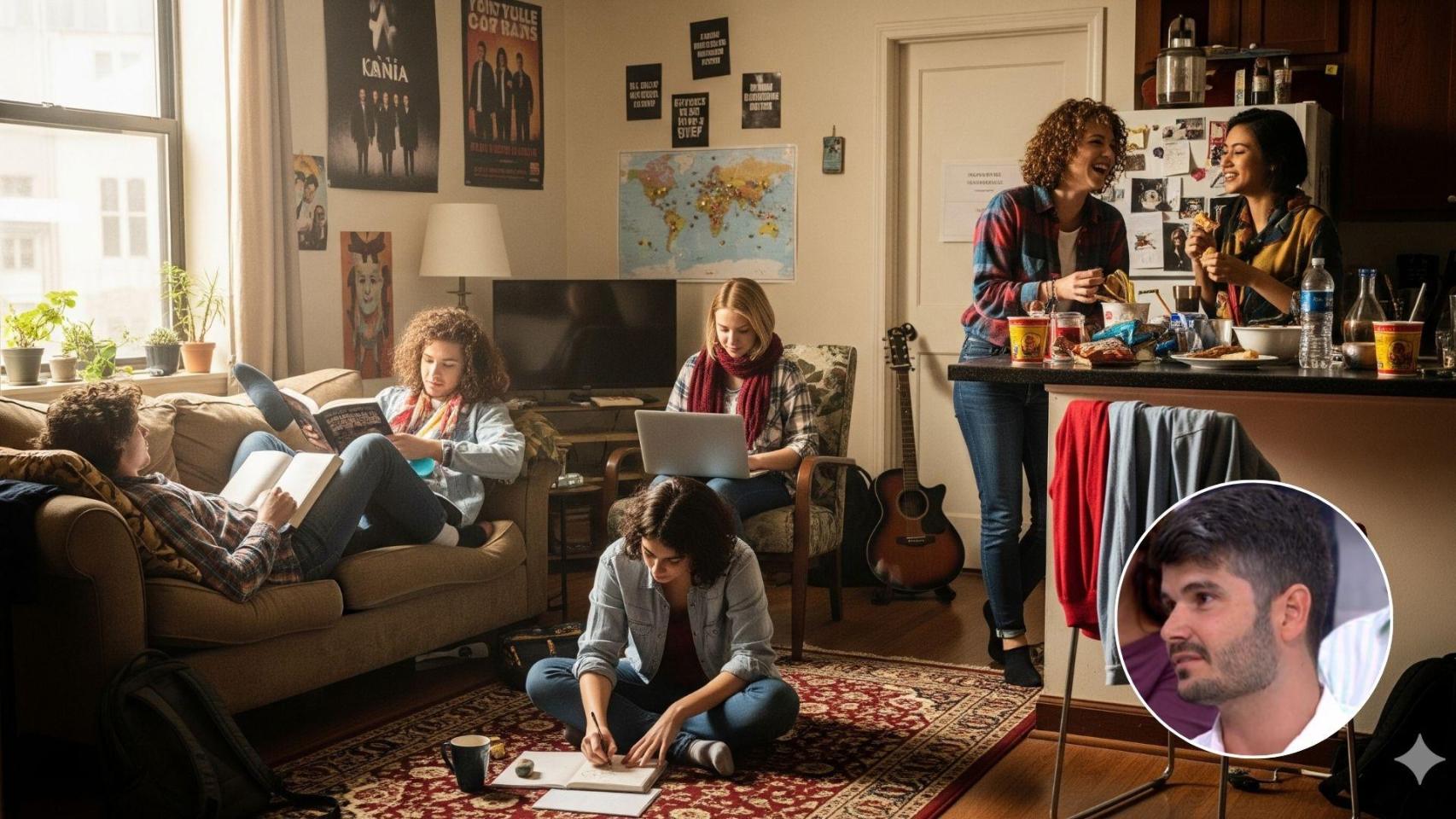 Imagen generada por IA de un piso de estudiantes en alquiler y Alberto Añaños.