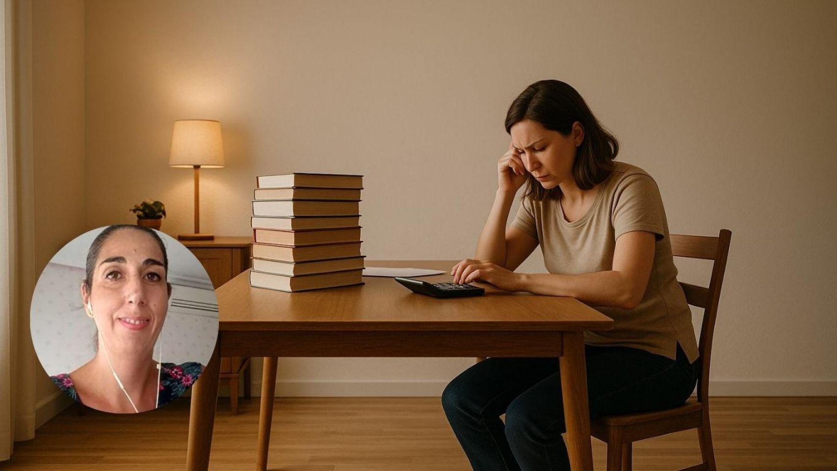Fotomontaje de Maribel, madre con dos hijos, y una imagen de una mujer calculando el precio de los libros.