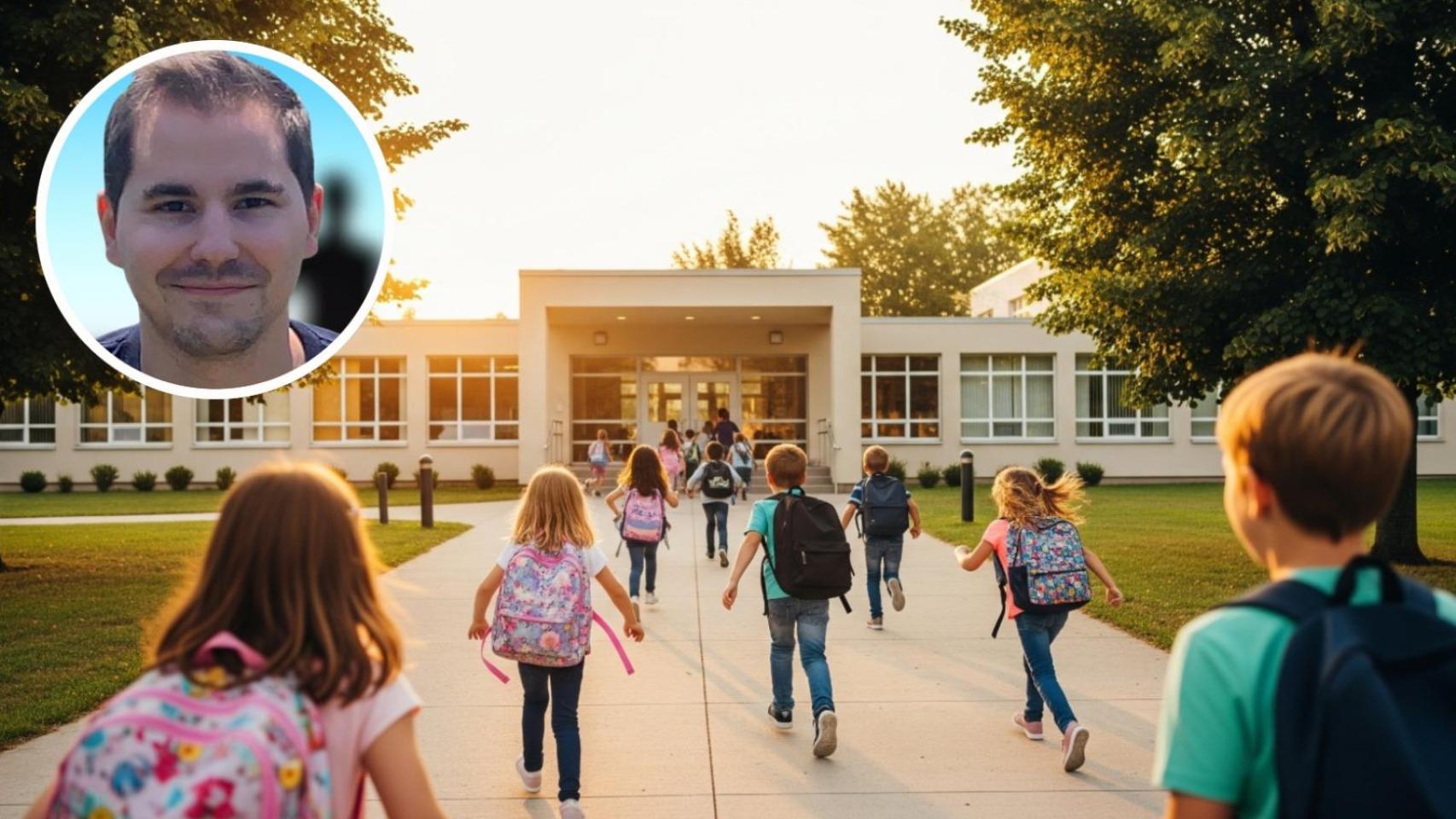 Montaje de Manuel Zabala con niños entrando al colegio en una imagen creada con IA.