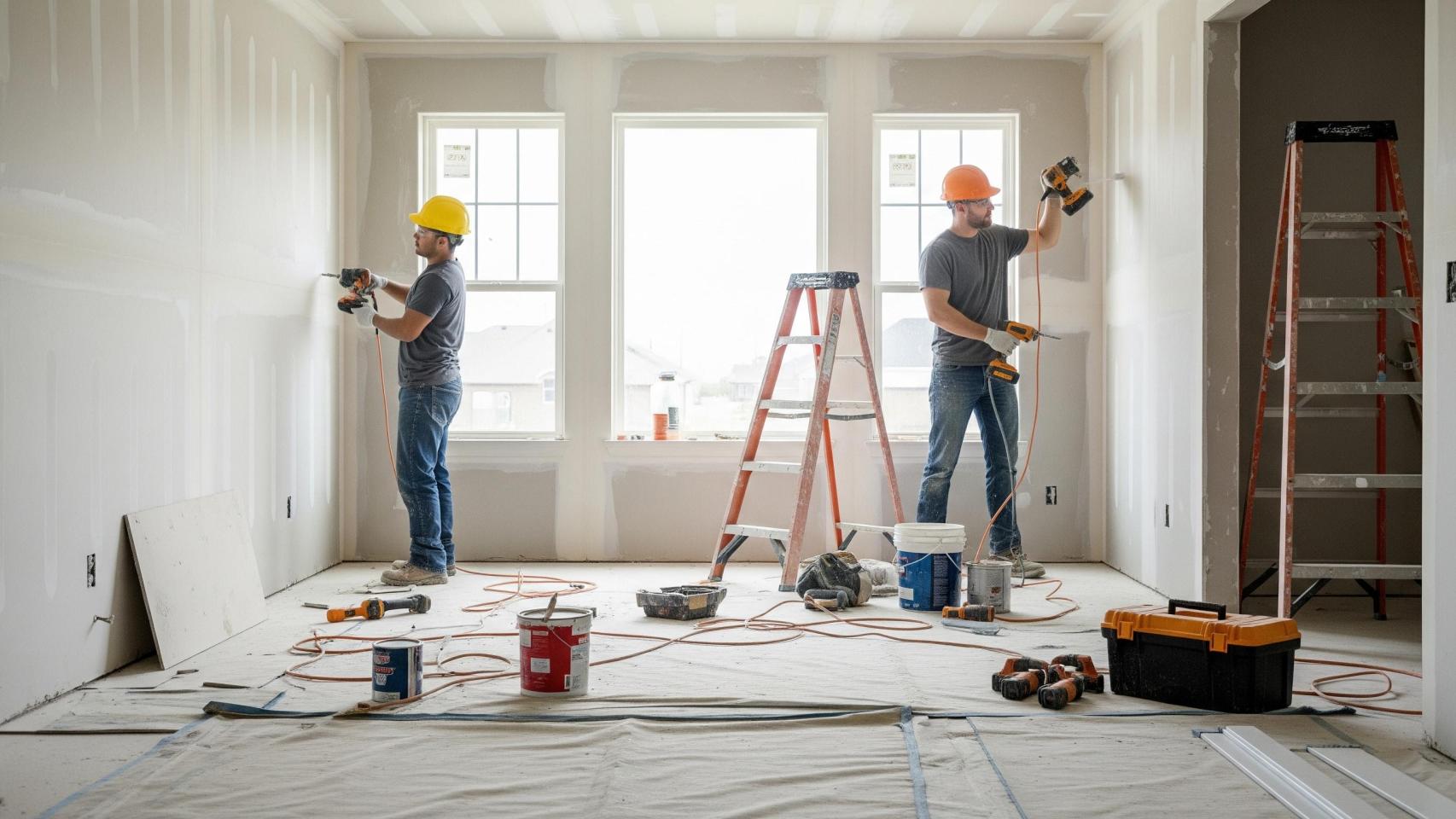 Dos obreros rehabilitando una vivienda en una imagen creada con IA.