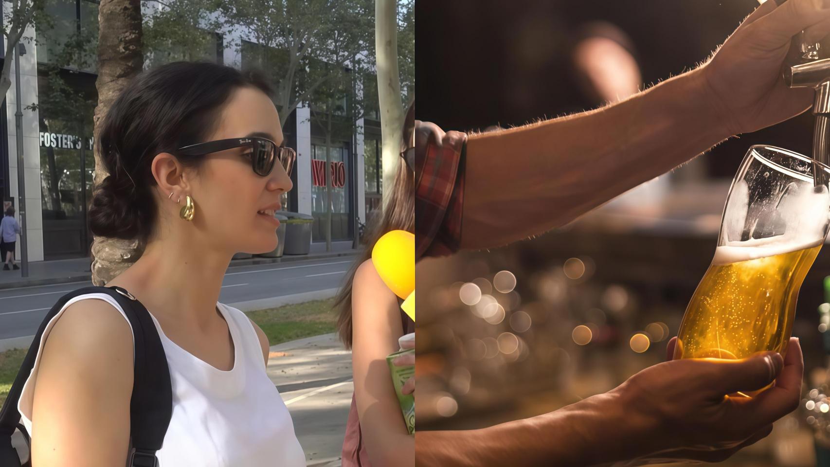 Fotomontaje de una trabajadora española y un camarero sirviendo una cerveza.