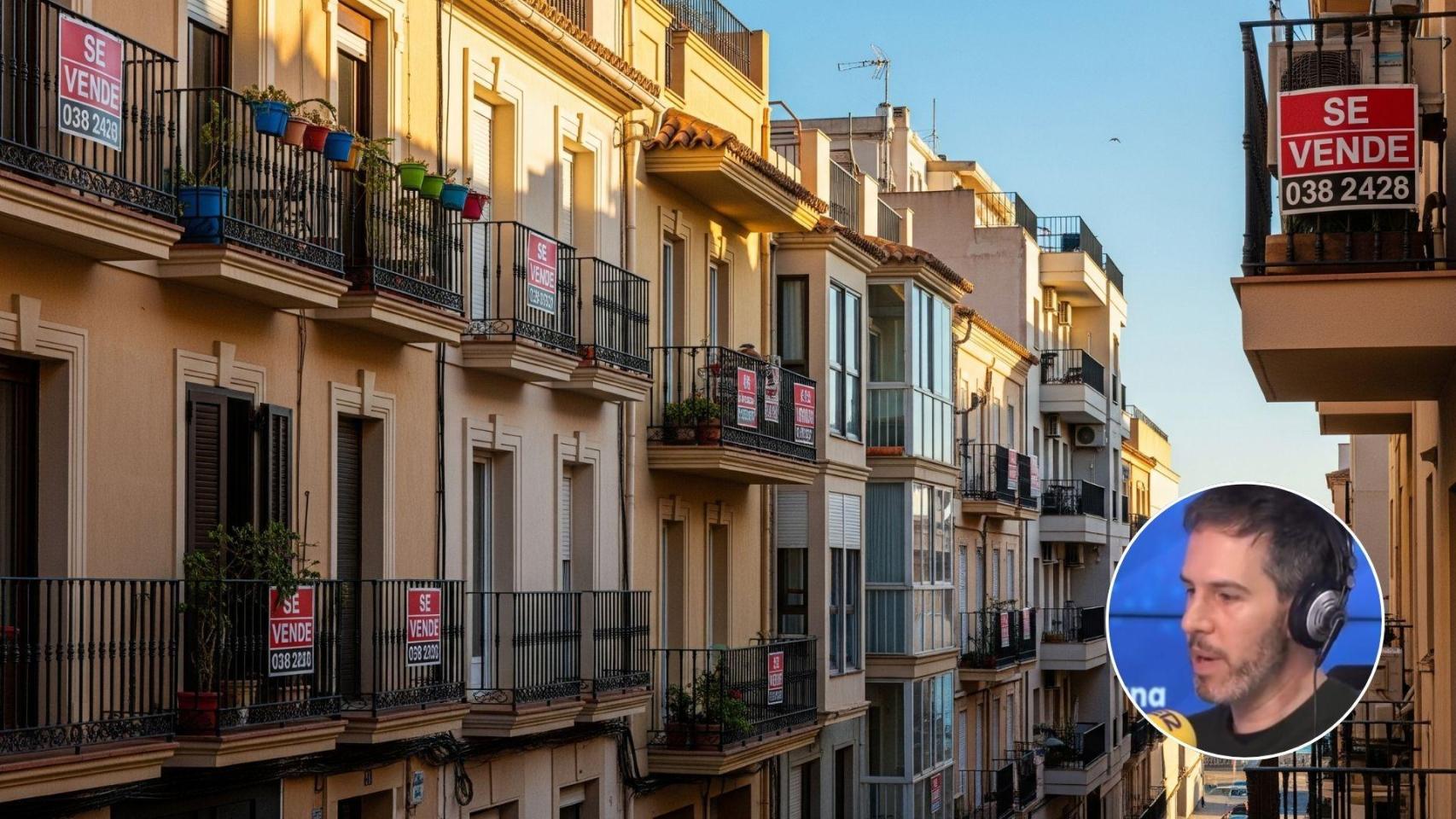 Una imagen generada por IA de varios pisos a la venta y Jaime Palomera.