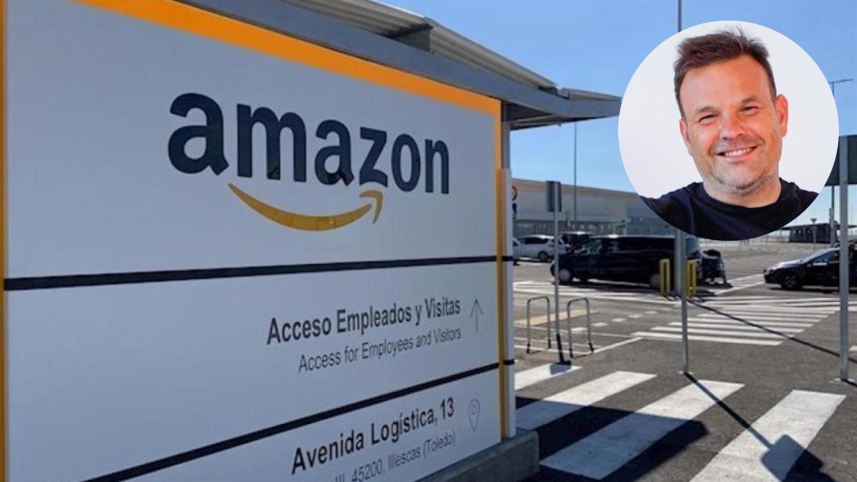 Montaje de José Elías (49 años) con la entrada a uno de los almacenes de Amazon.