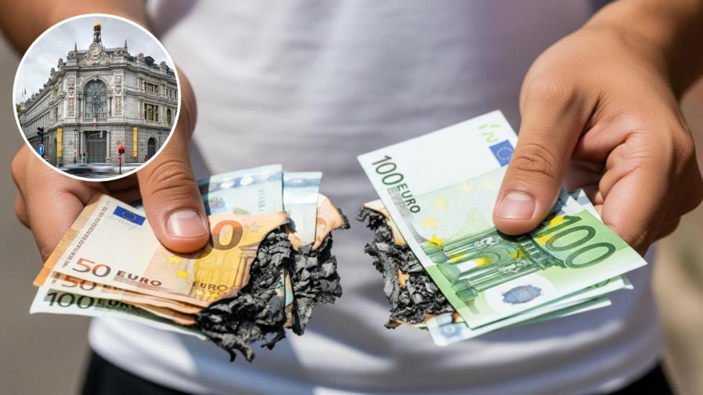 Montaje del Banco de España con billetes quemados en una imagen generada con IA.
