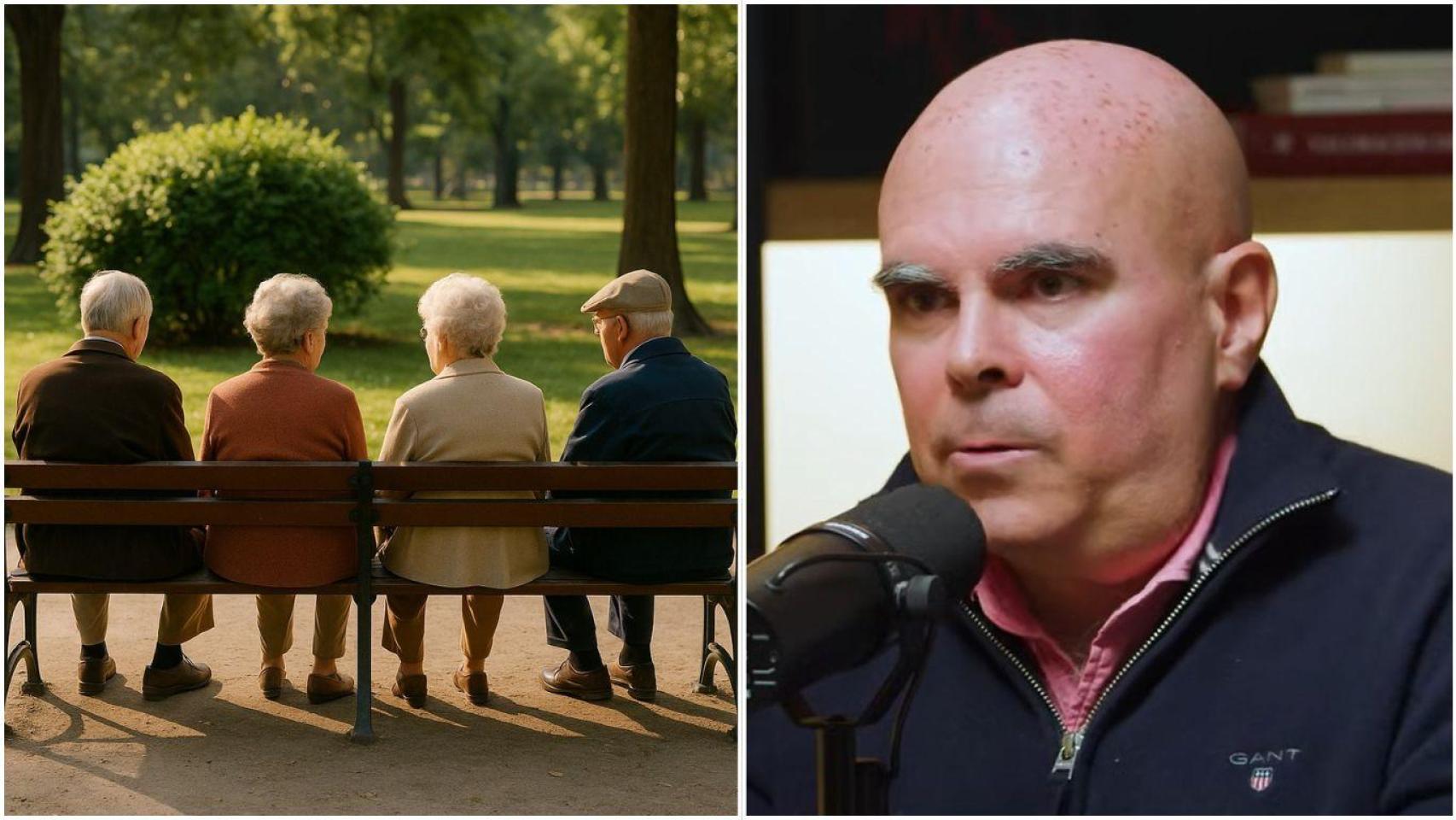 Un fotomontaje de Gregorio Hernández y unos jubilados sentados en un banco.