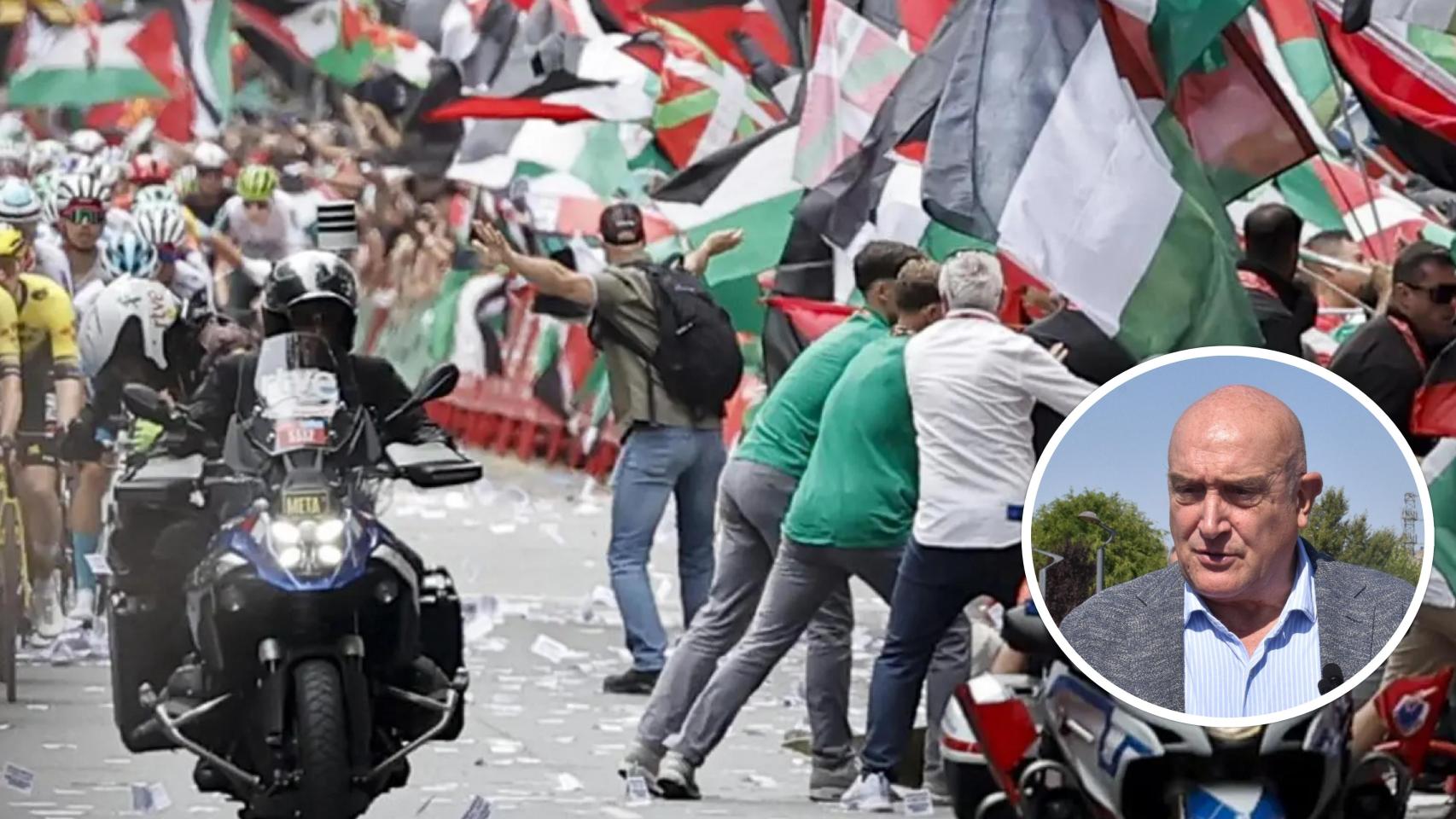 Imagen de la etapa de este pasado miércoles en Bilbao, con todo lleno de banderas de Palestina (Efe) y, en el círculo, Jesús Julio Carnero