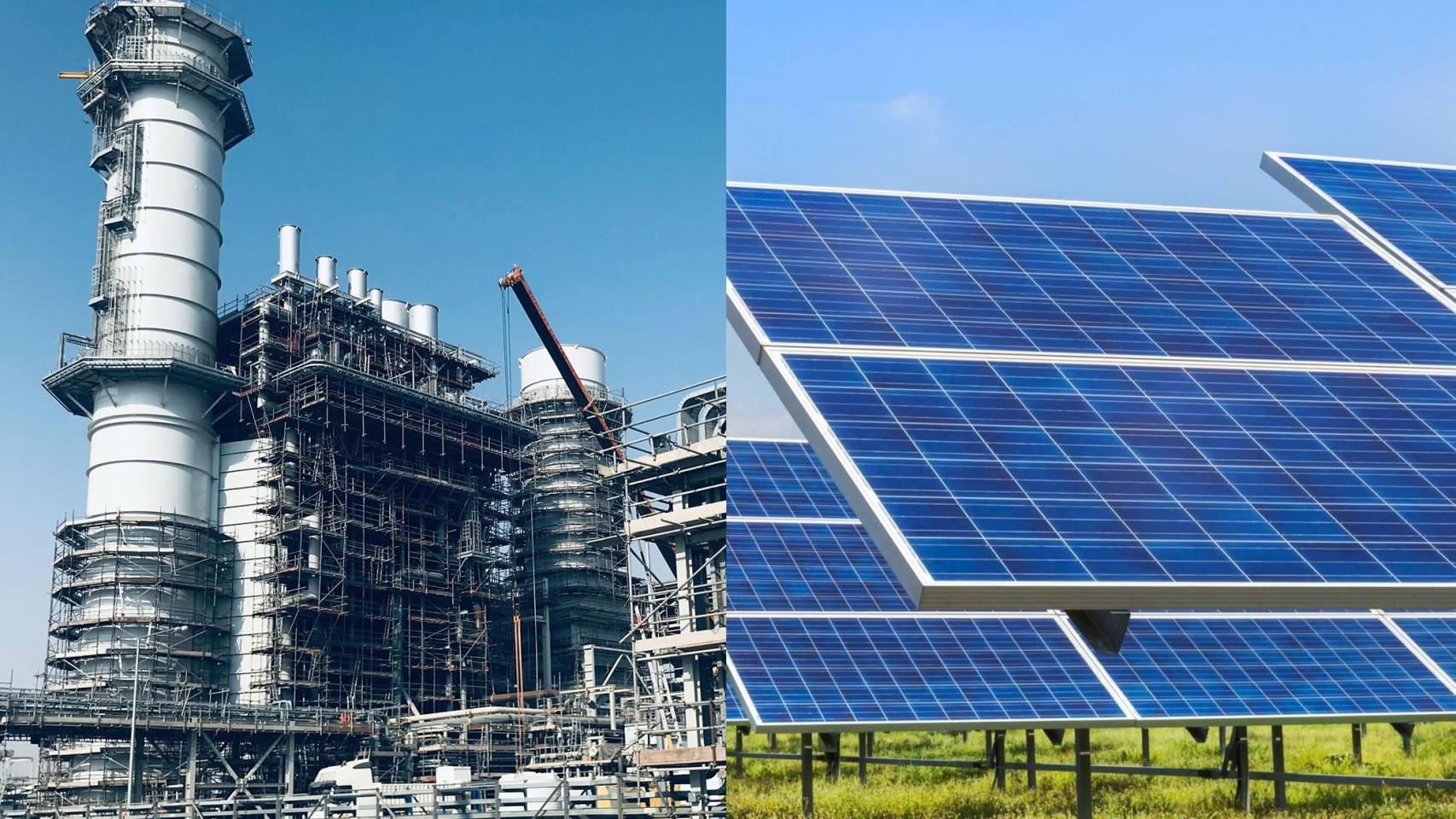 Fotomontaje de una planta de ciclo combinado (gas natural) y un parque fotovoltaico.