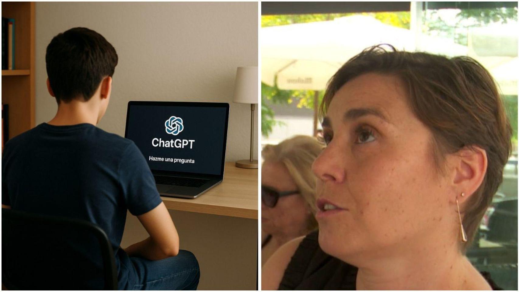 Fotomontaje de Arantxa y un adolescente usando ChatGPT en su habitación.