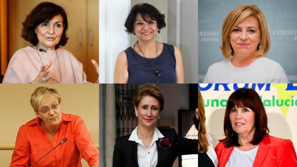 Líderes del sector feminista del PSOE: Carmen Calvo, Soledad Murillo, Elena Valenciano (arriba, de izquierda a derecha) y Ángeles Álvarez, Maribel Montaño y Micaela Navarro (abajo, de izquierda a derecha).