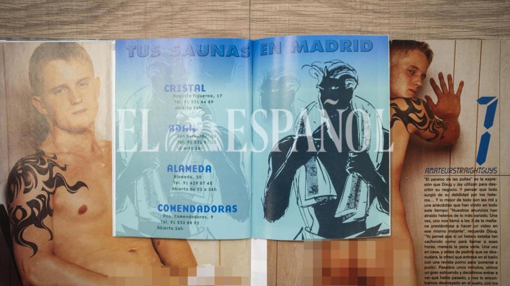 Anuncios de las saunas de Sabiniano Gómez, pagados por Begoña, en la Guía Gay de España de revista MENsual. Número 155 de agosto de 2003.