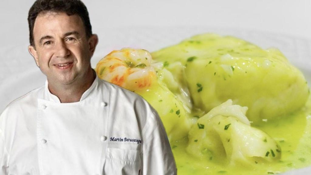 El chef Martín Berasategui y un plato de pescado en salsa verde.