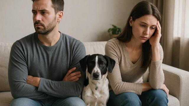 Un hombre y una mujer sentados en un sofá con un perro en medio.