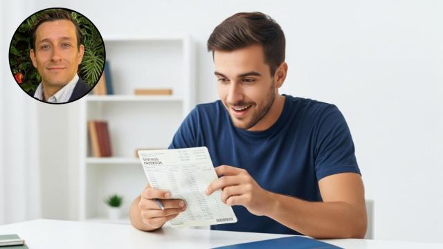 Montaje de Raúl Gutiérrez con un joven revisando su cuenta en una imagen creada con IA.