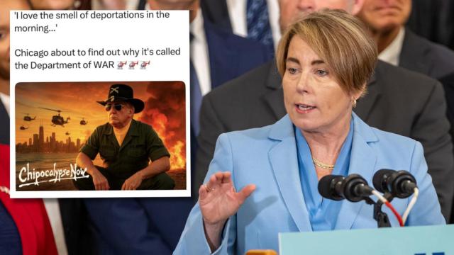 La gobernadora Maura Healey en la Iniciativa de Descubrimiento, Investigación e Innovación para una Economía Vibrante (DRIVE) en la Casa de Gobierno / Meme compartido de Donald Trump