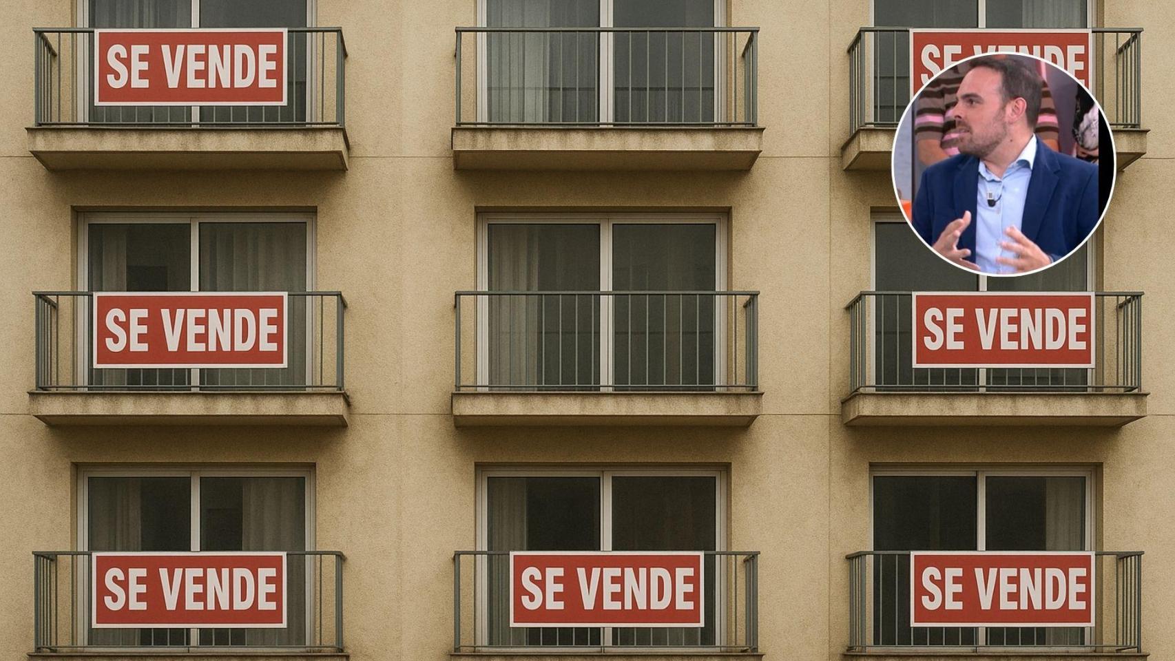 Imagen generada por IA de unos pisos en venta y Rubén de Gracia.