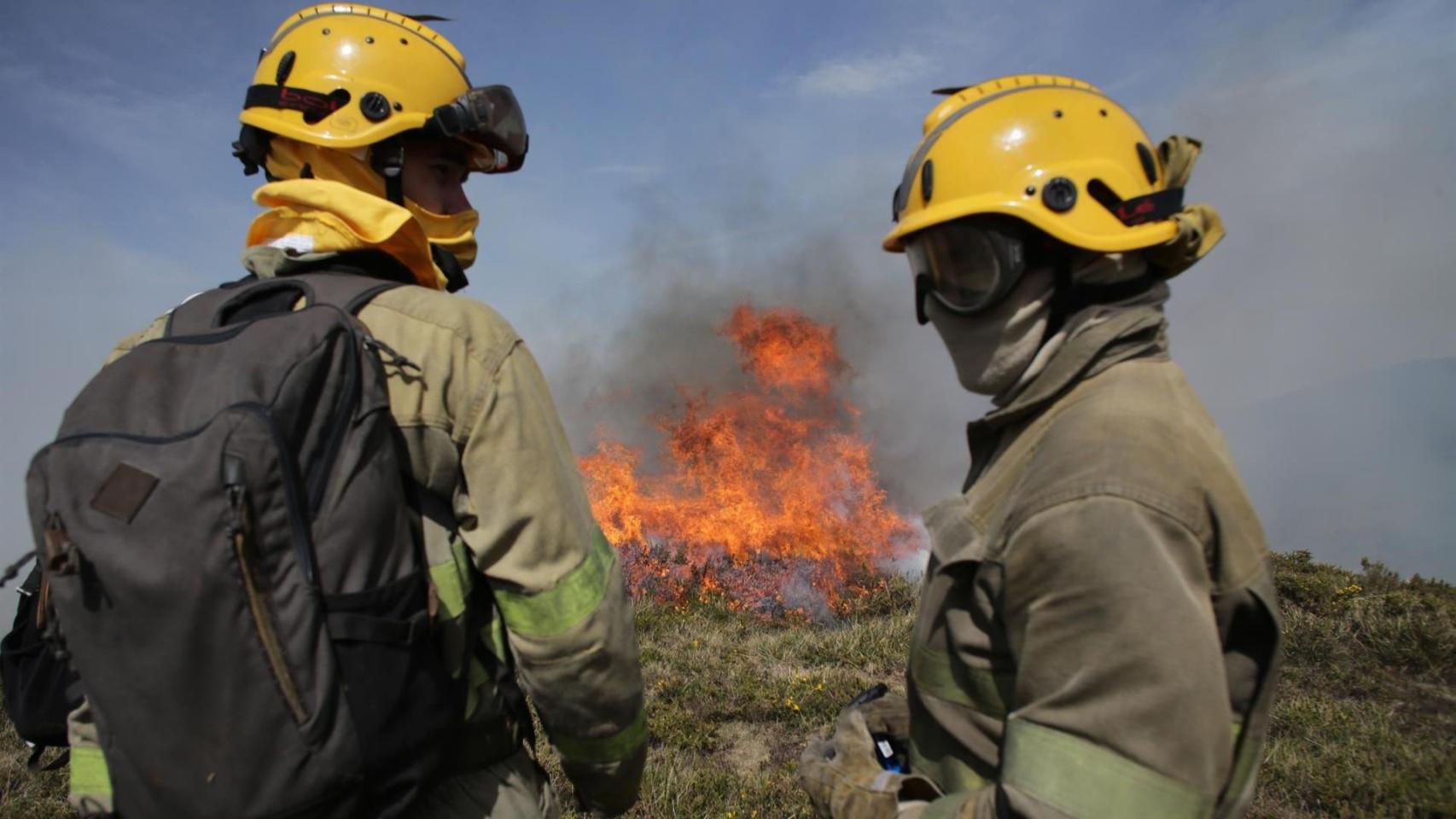 Efectivos de la Xunta con base en Becerreá trabajan para extinguir las llamas en un incendio forestal.