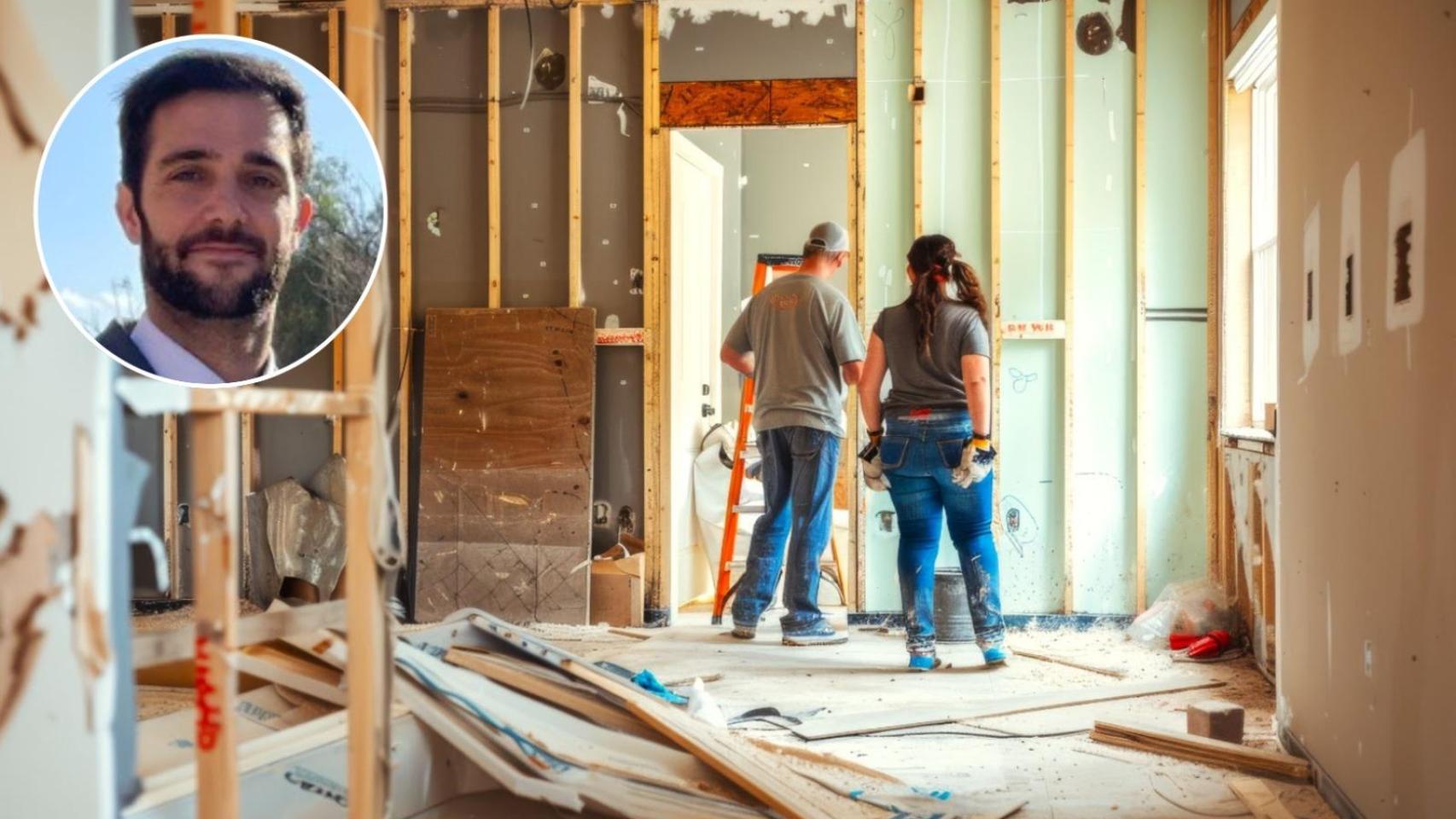 Montaje de Antonio Lorenzo con obreros rehabilitando una casa en una imagen creada con IA.
