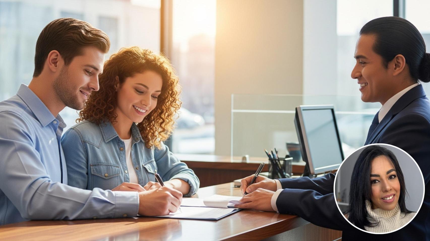 Montaje de Marilyn Quintero con unos jóvenes firmando una hipoteca en una imagen creada con IA.