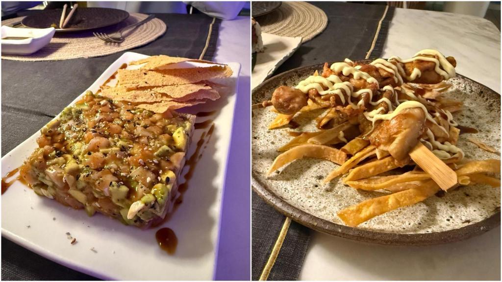 Tartar de salmón con aguacate y robata de pollo teriyaki.