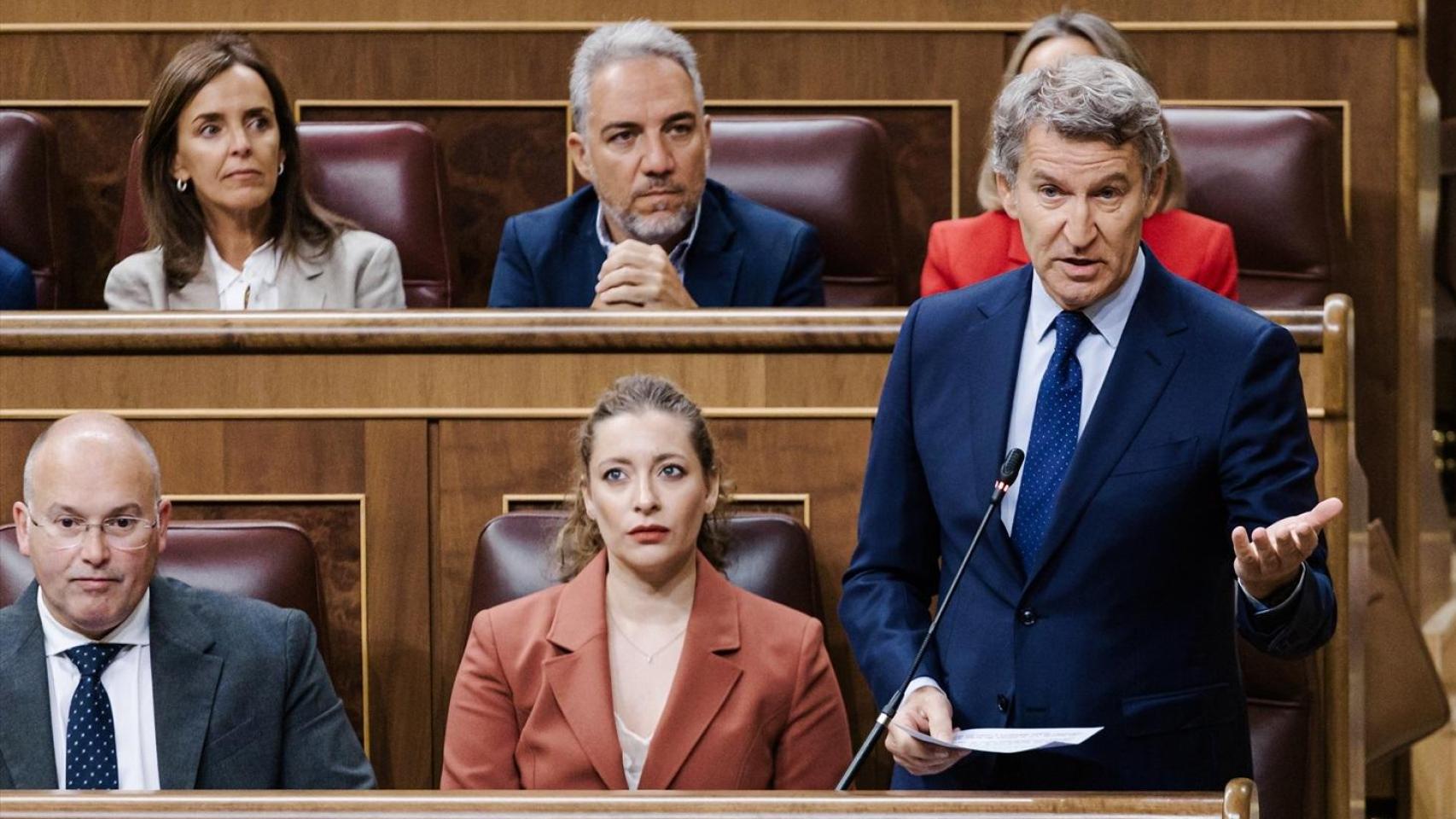 El presidente del PP, Alberto Núñez Feijóo, durante su intervención en la sesión de control del Congreso.