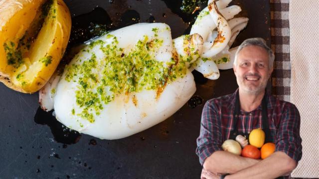 Un plato de sepia a la plancha y Raúl Pueyo.