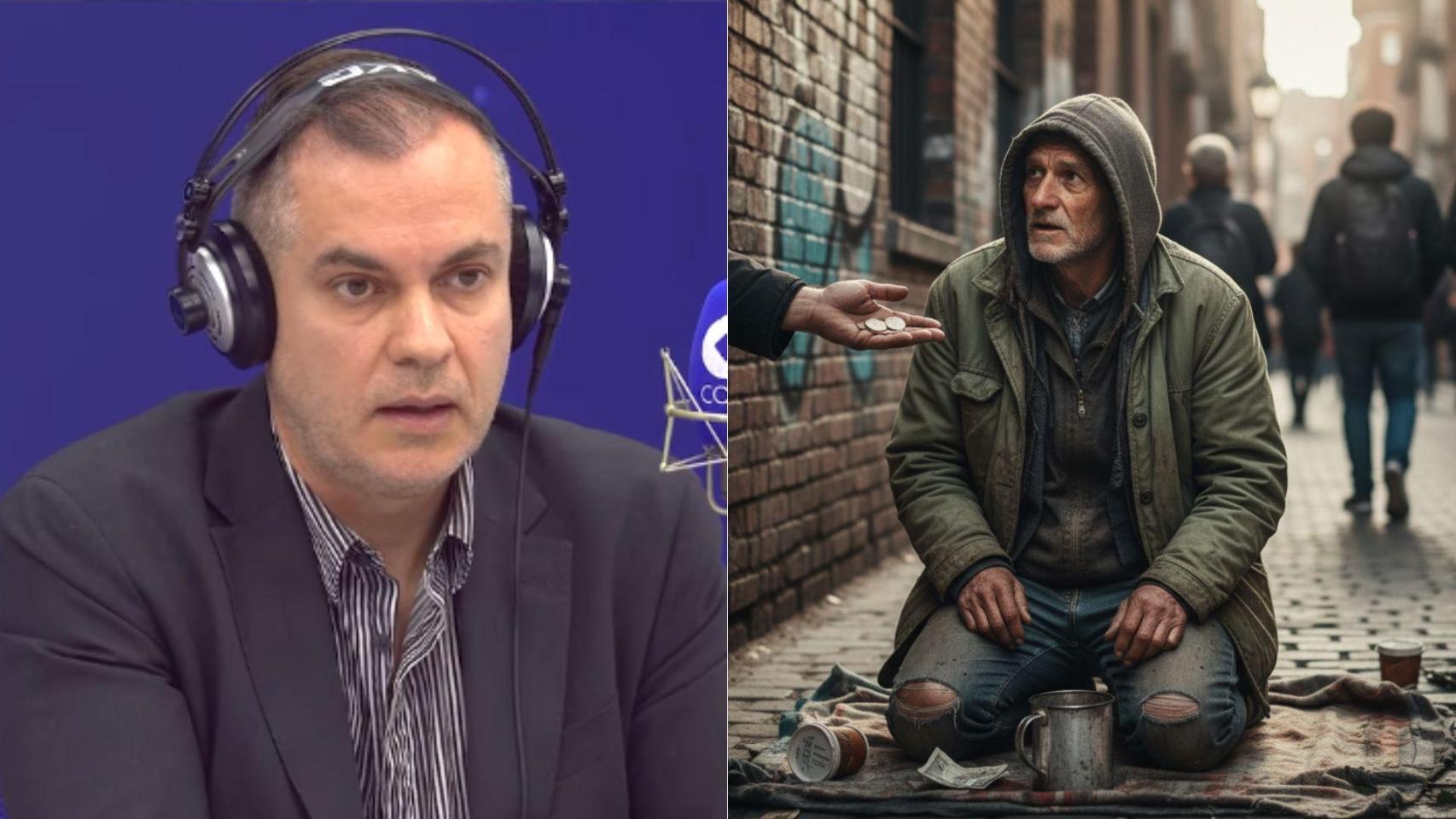 Imagen de Adrián Díaz y una imagen generada por IA de una persona pidiendo limosna.