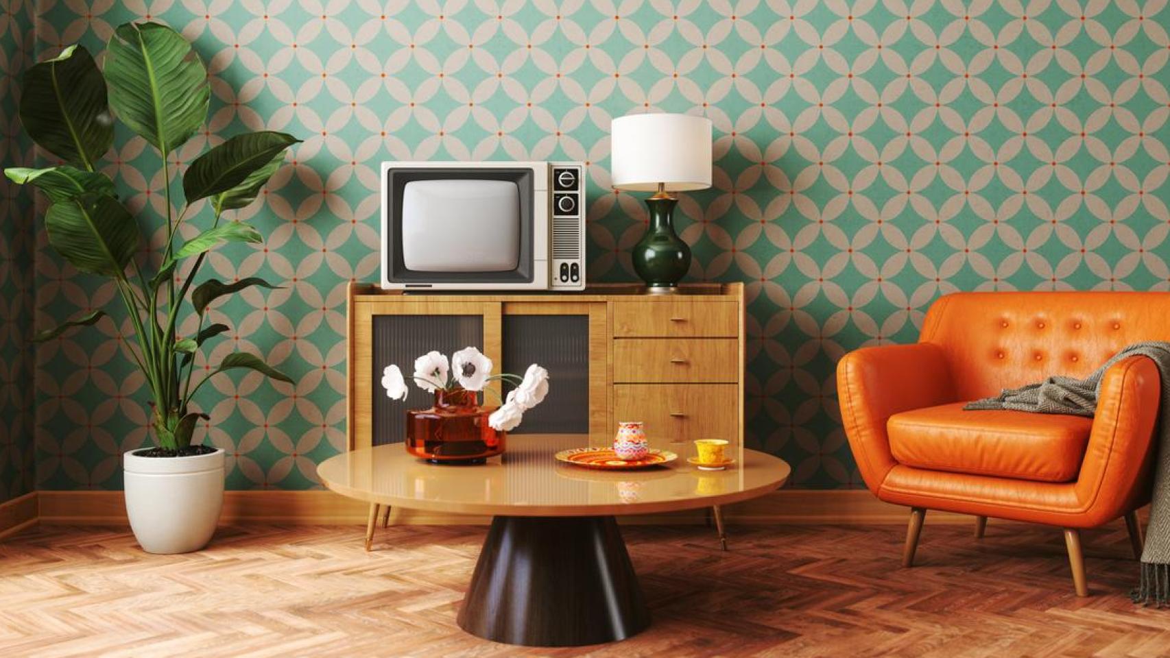 Salón de estilo retro con muebles vintage.