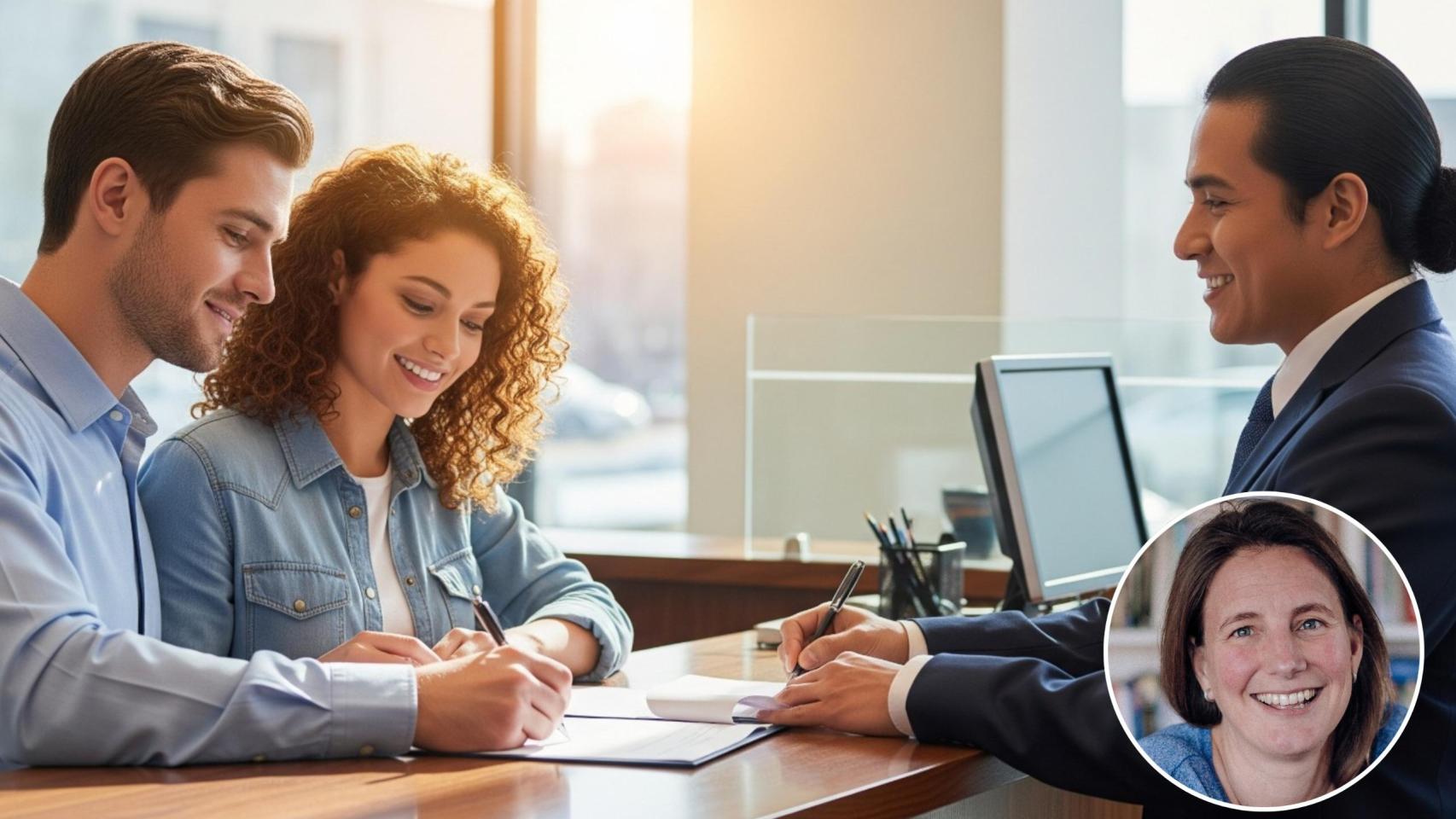 Montaje de Natalia de Santiago con una pareja firmando una hipoteca en una imagen creada con IA.