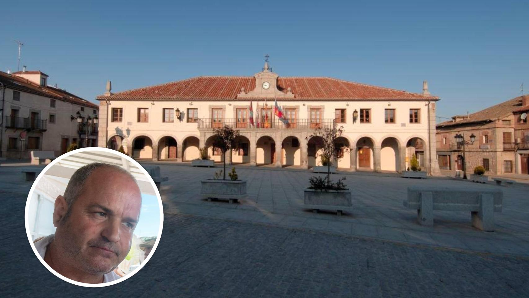 Imagen del Ayuntamiento de Villacastín y, en el círculo, Julio César Sánchez