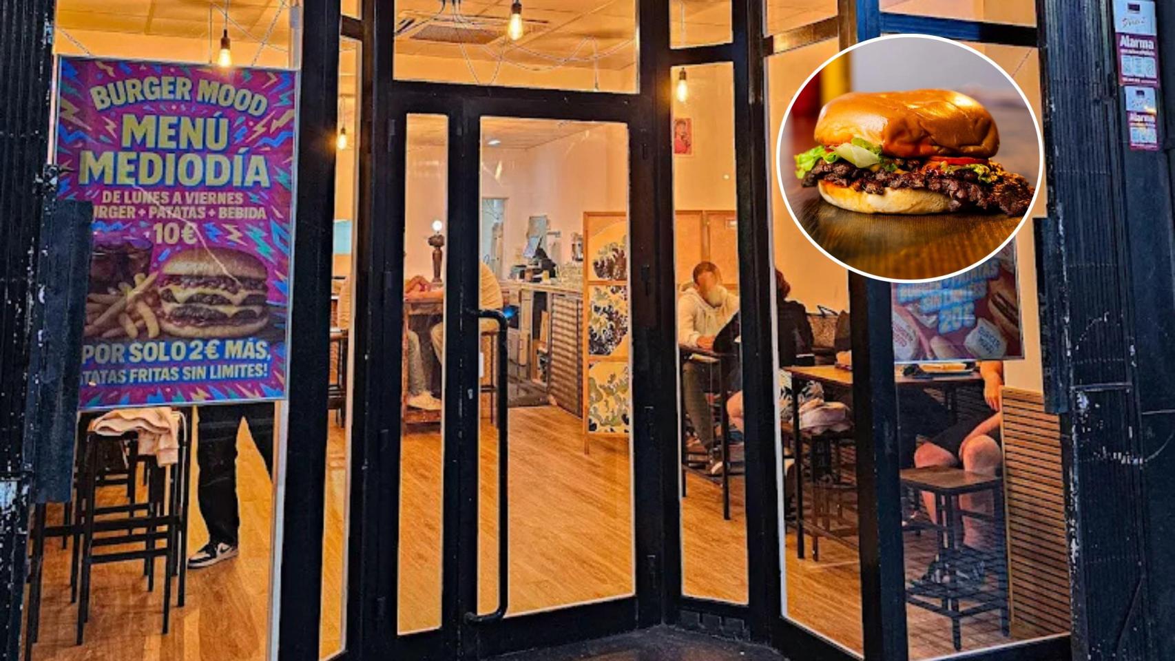 Entrada de 'Burguer Mood' y una de sus hamburguesas.