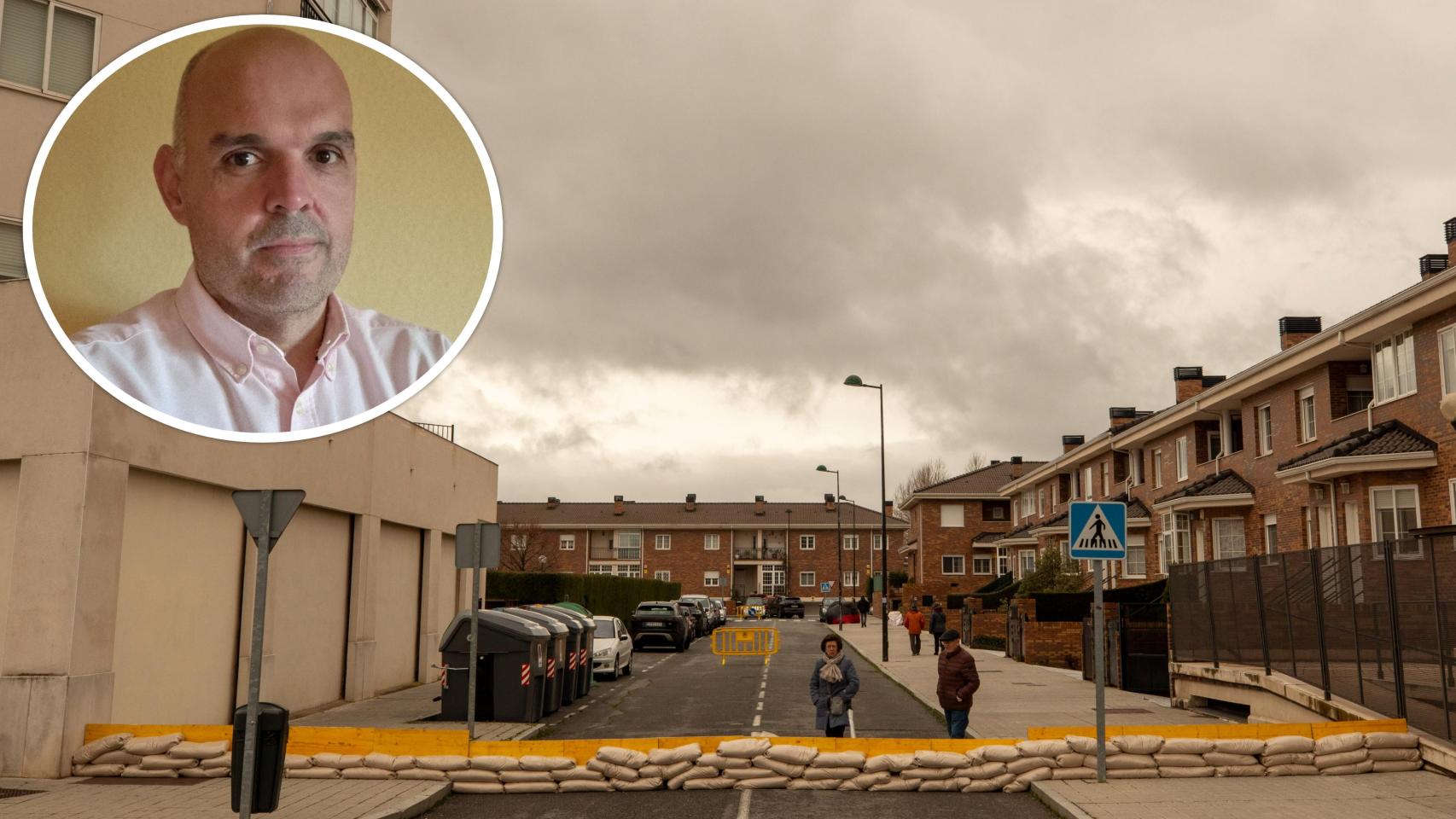 Unos vecinos se protegen de las inundaciones en Ávila el pasado mes de marzo (Foto: Ical) y, en el círculo, el portavoz de la plataforma de afectados, Francisco Martín Jiménez.