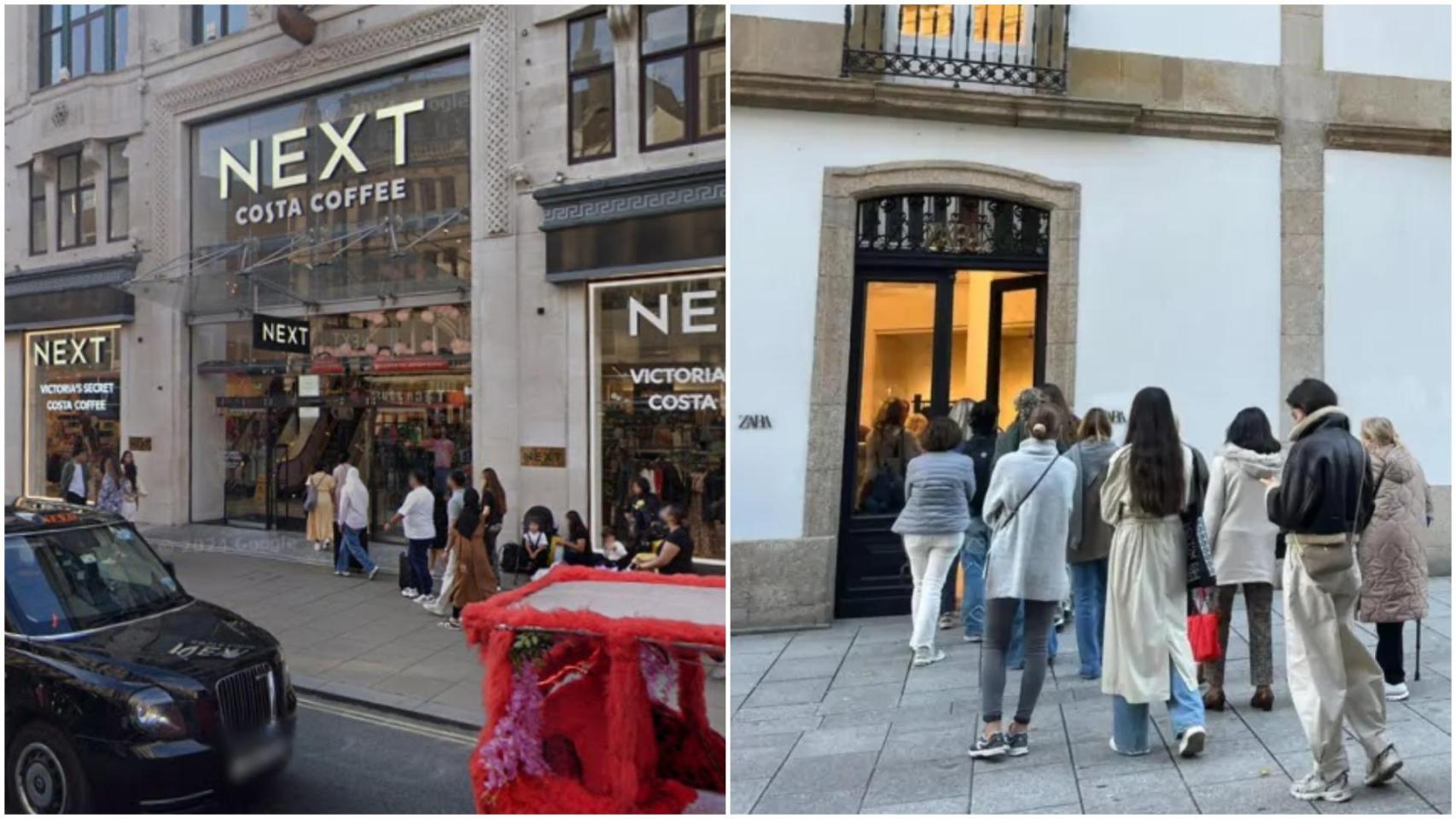 Una tienda de Next en Londres y una de Zara (Inditex) en A Coruña.