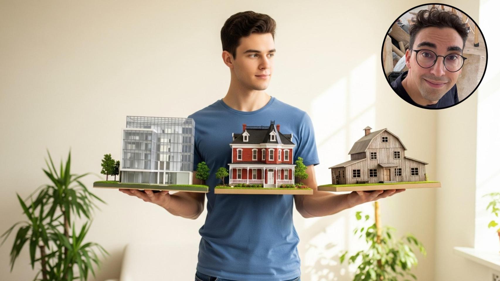 Montaje de Carlos Galán con un joven sosteniendo varias viviendas.