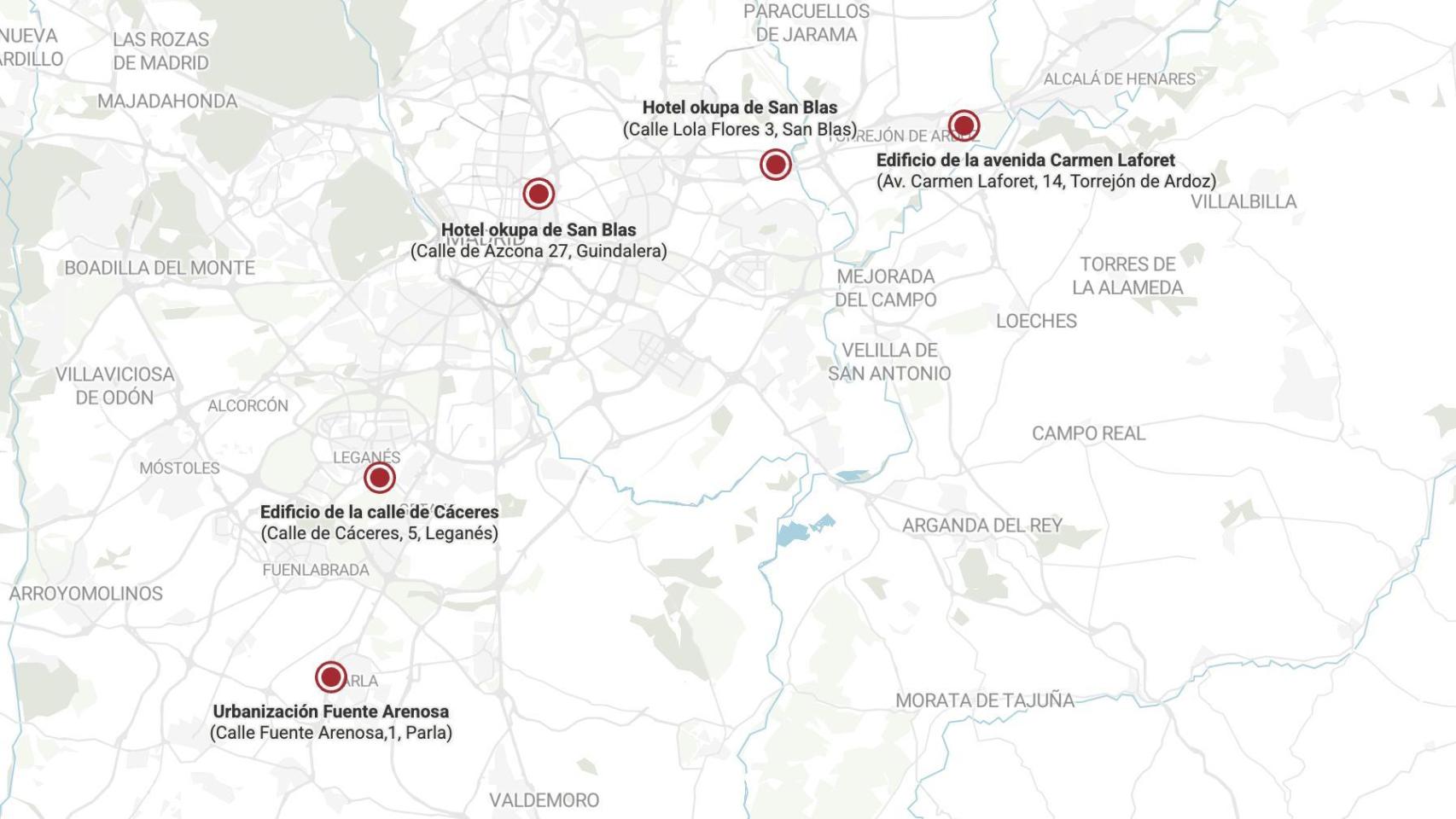 El mapa de los cinco edificios okupas más conflictivos de Madrid.