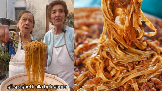 Las dos abuelas italiana y la pasta boloñesa.