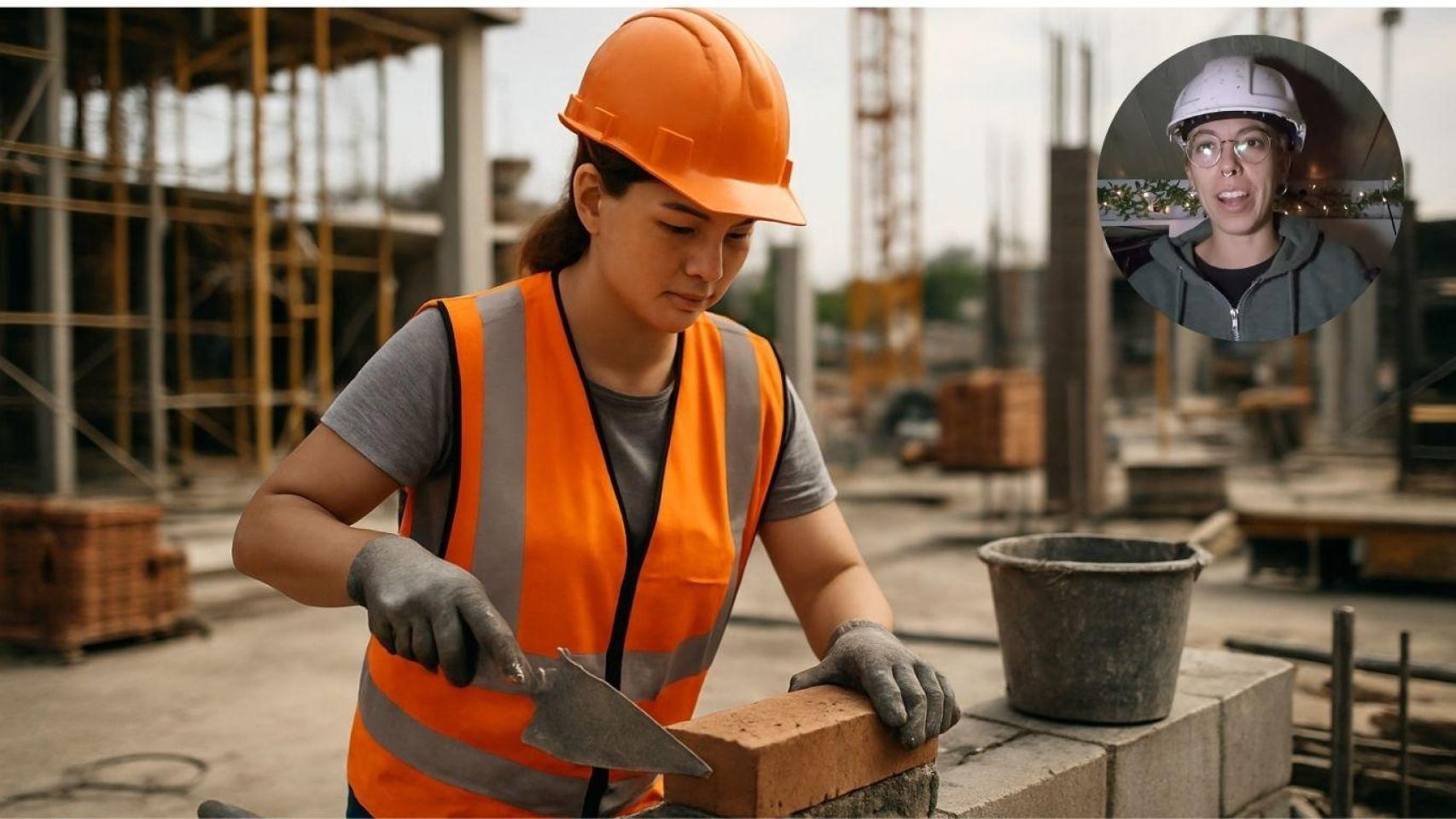 Fotomontaje de Nerea y una albañila trabajando en una obra.