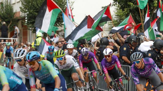 Manifestantes propalestinos protestan durante la 15ª etapa de la Vuelta a España.