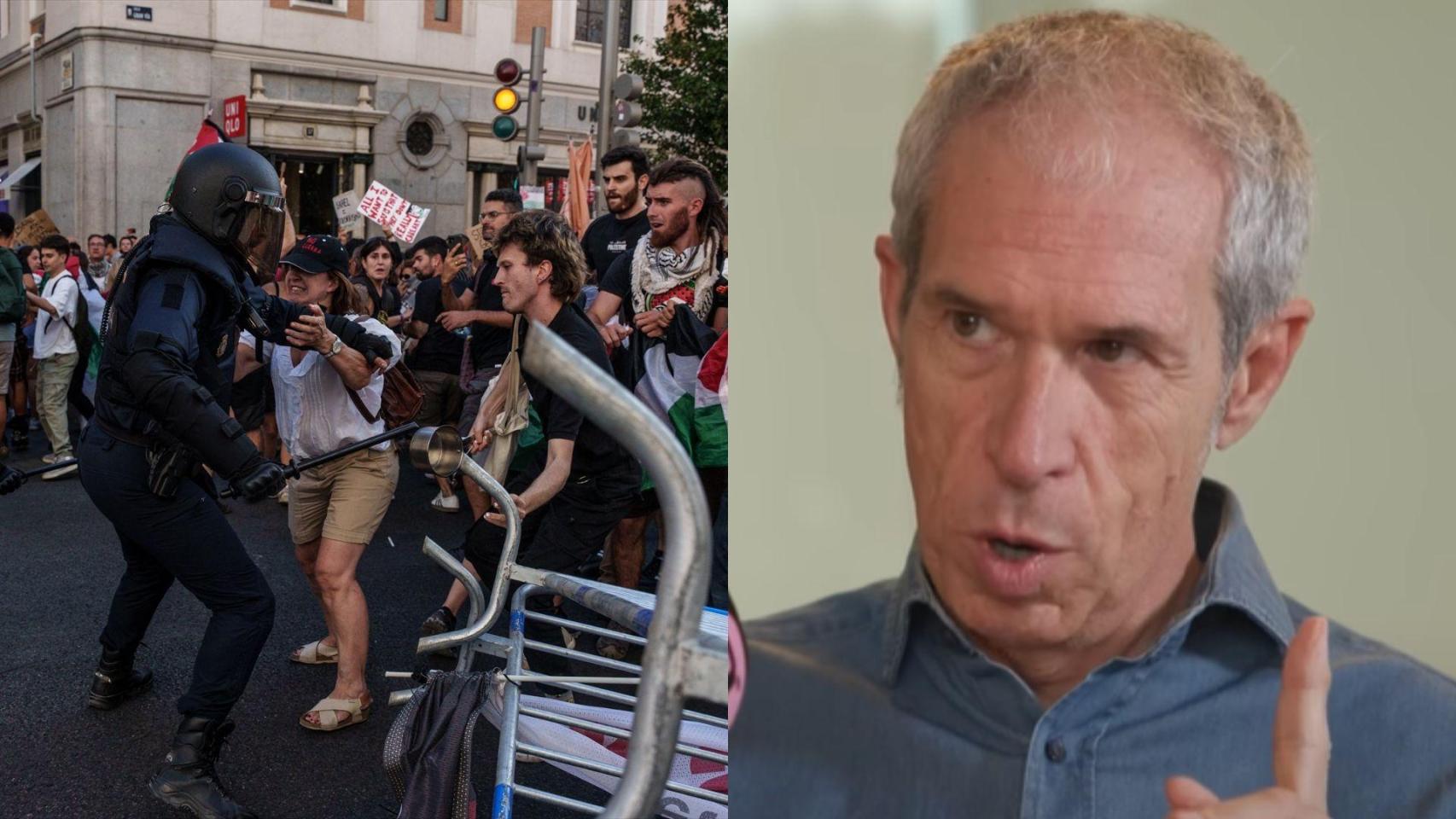 Imagen de las protestas propalestina y Carlos de Andrés.