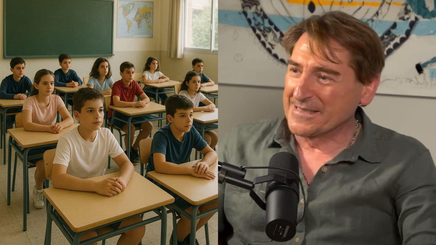 Imagen generada por IA de unos alumnos en un colegio y Toni García.