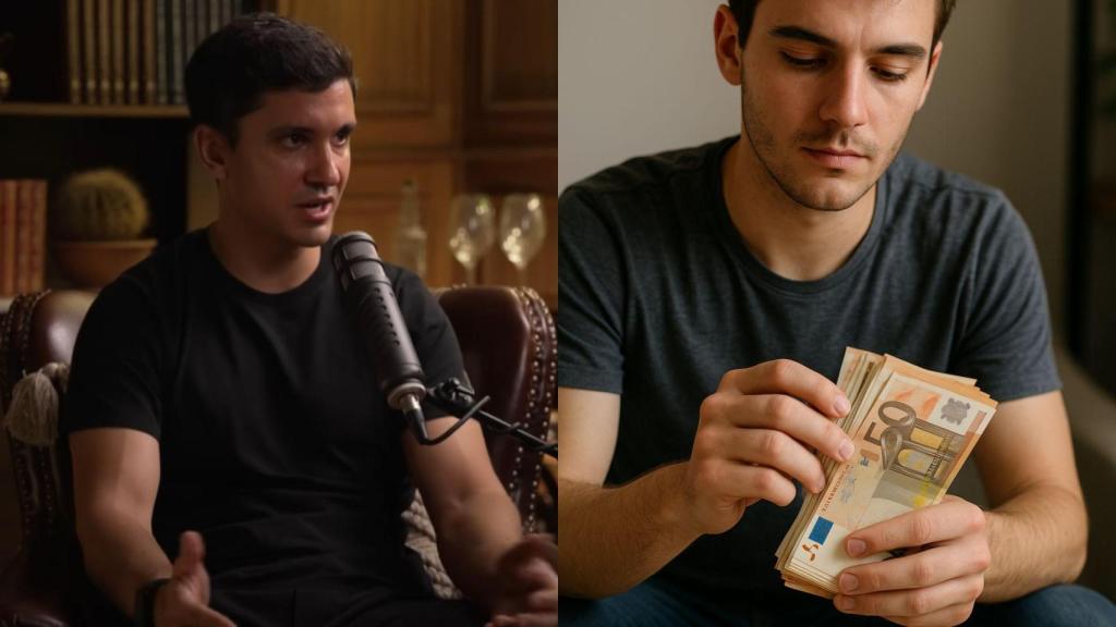 Imagen de Félix Fuertes y una imagen generada por IA de un joven contando dinero.