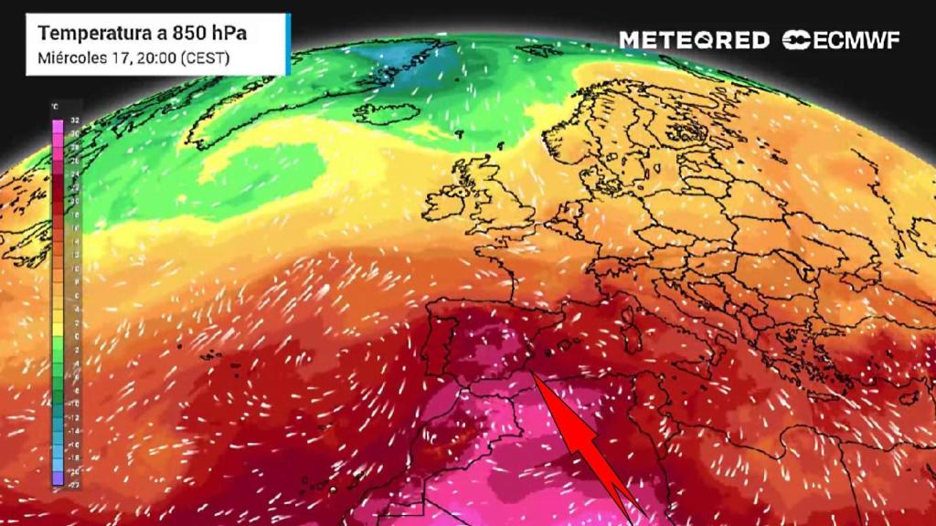 Las masas de aire cálido subsahariano que ascienden hacia España. ElTiempo.es