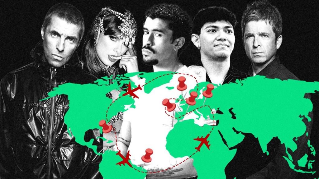 Liam Gallagher, Taylor Swift, Bad Bunny, JJ y Noel Gallagher. Diseño: Rubén Vique.