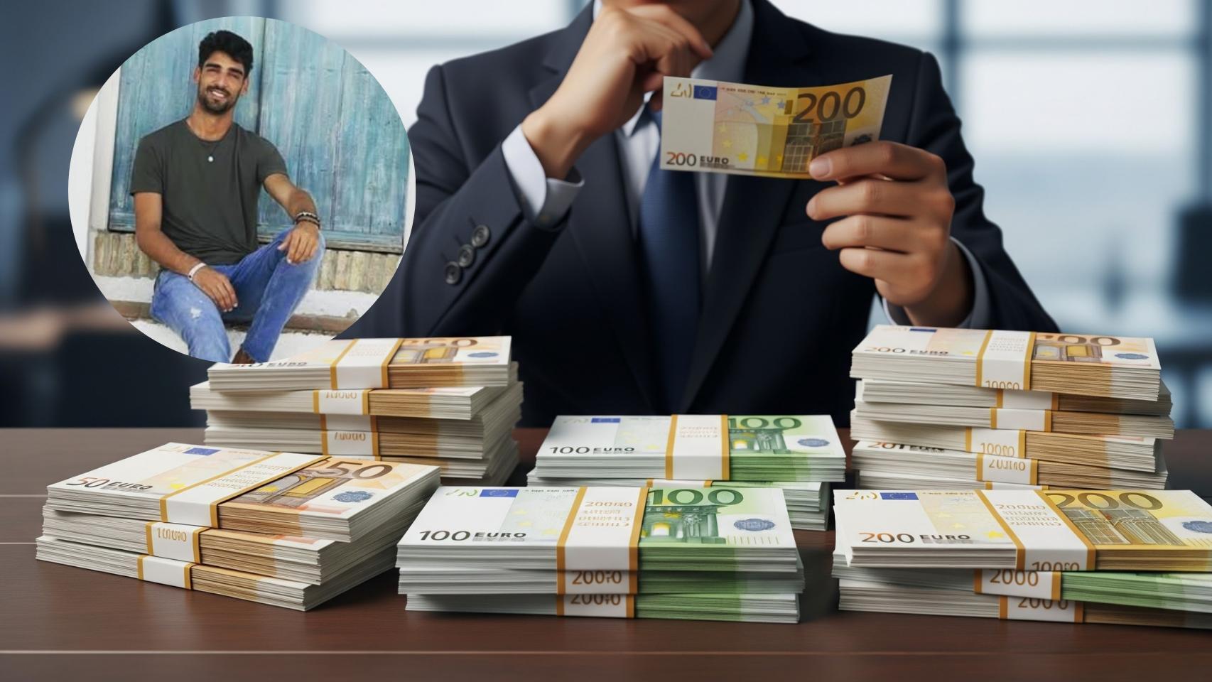 Montaje de Miguel con un persona decidiendo qué hacer con su dinero en una imagen creada con IA.