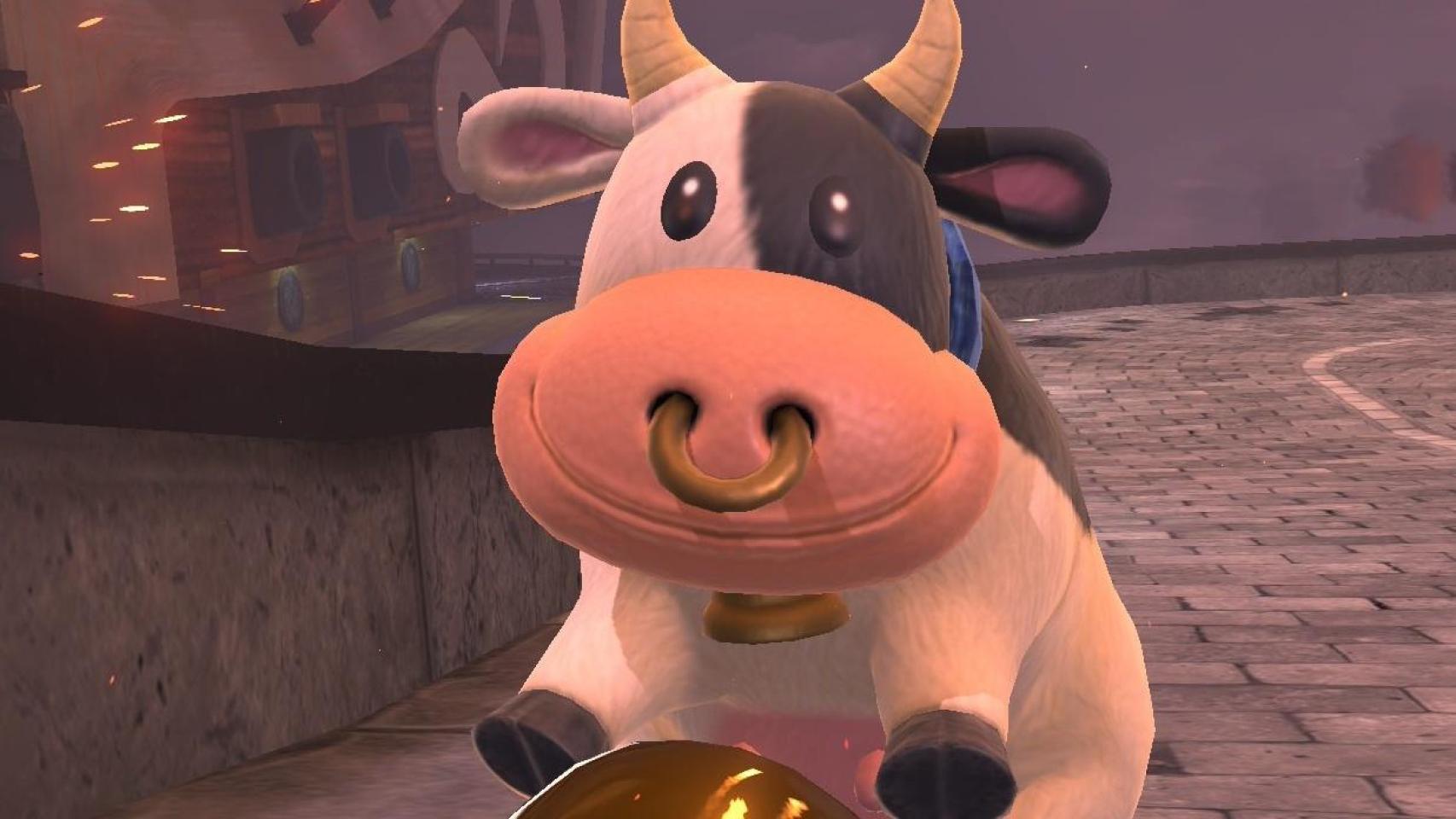 La nueva vaca del videojuego Mario Kart World con un aro en la nariz.