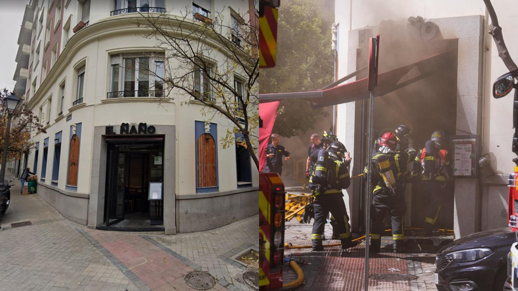 Entrada del restaurante El Ñaño de Madrid antes y durante el incendio de este martes.