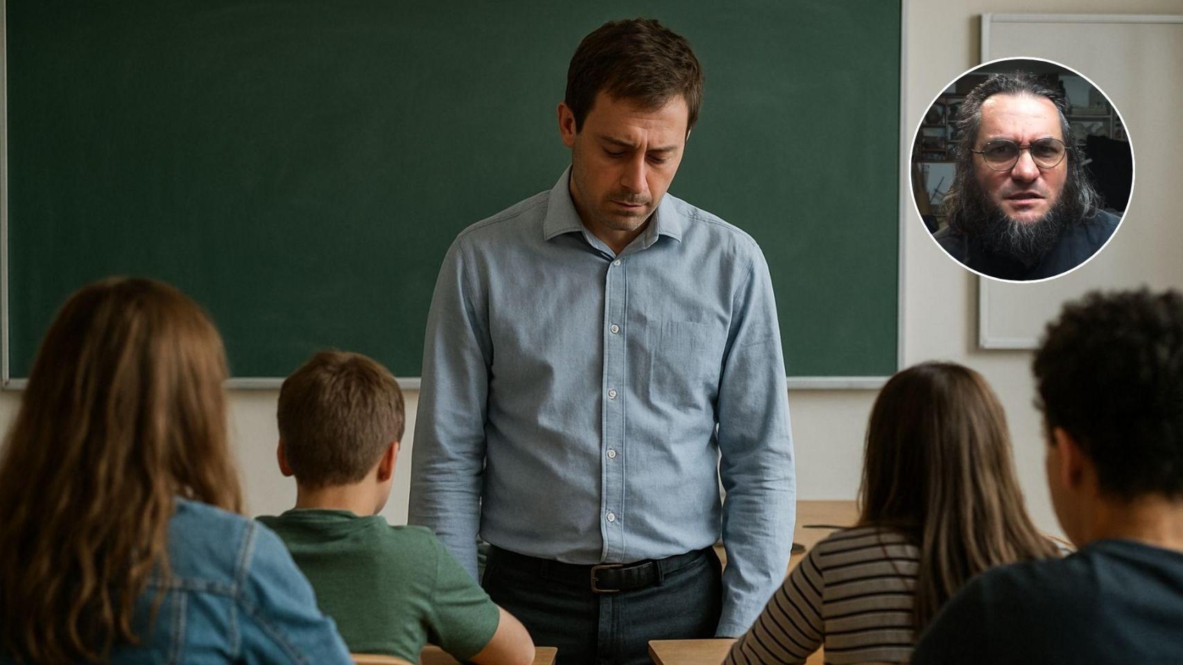 Imagen generada por IA de un profesor en un aula y Tomás Barcelo.