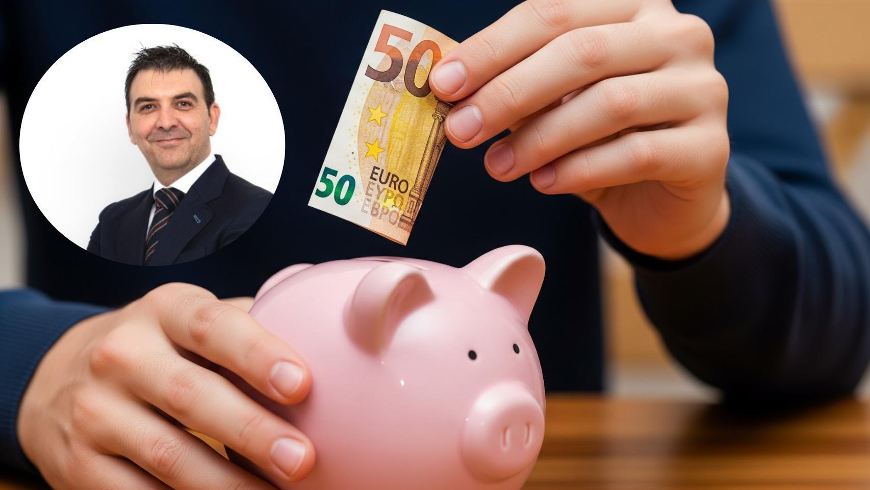 Montaje de Daniel Tello con una persona ahorrando en una imagen creada con IA.