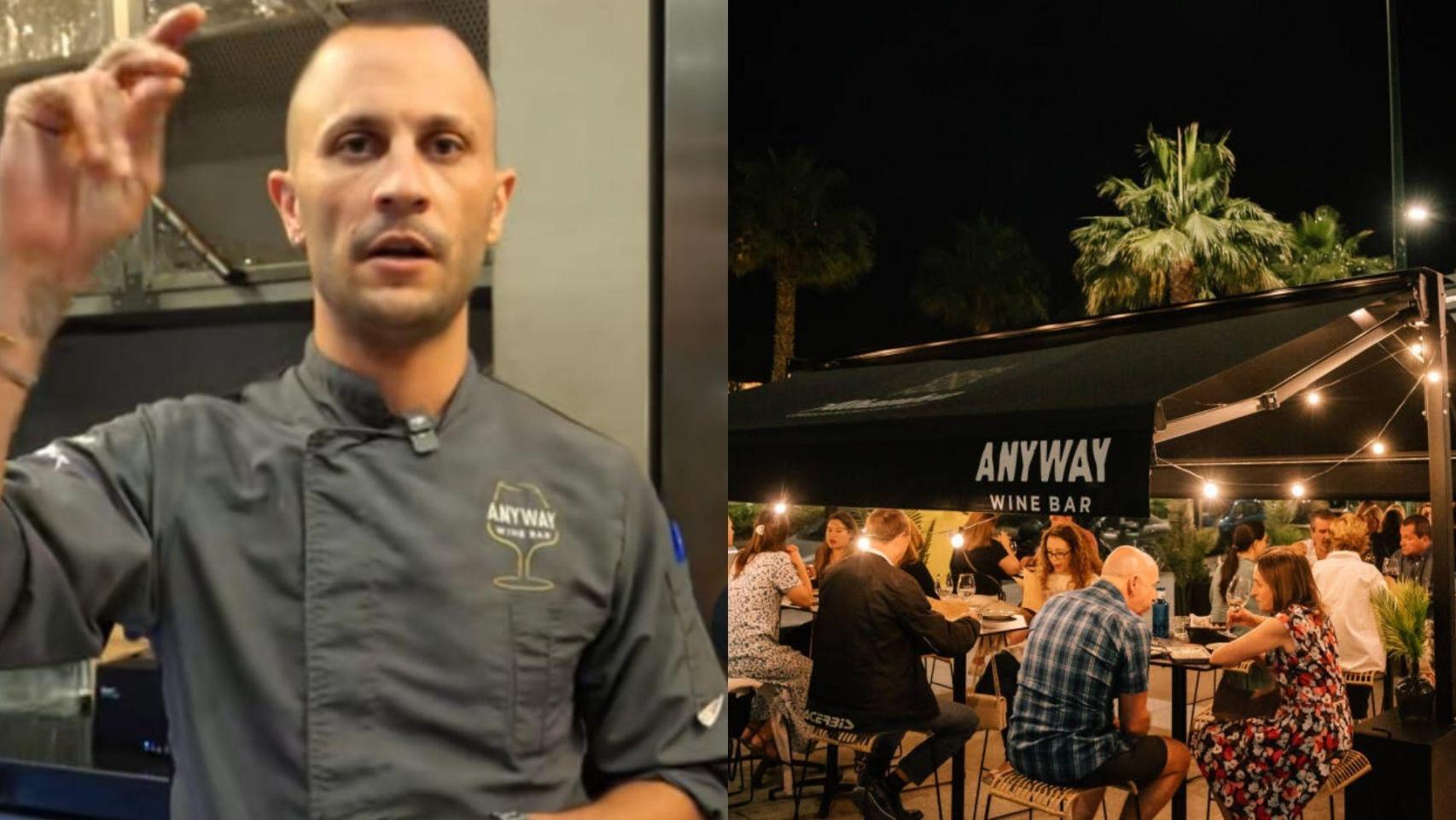 Montaje de un vídeo de Anyway Wine Bar y el exterior del restaurante en Málaga.