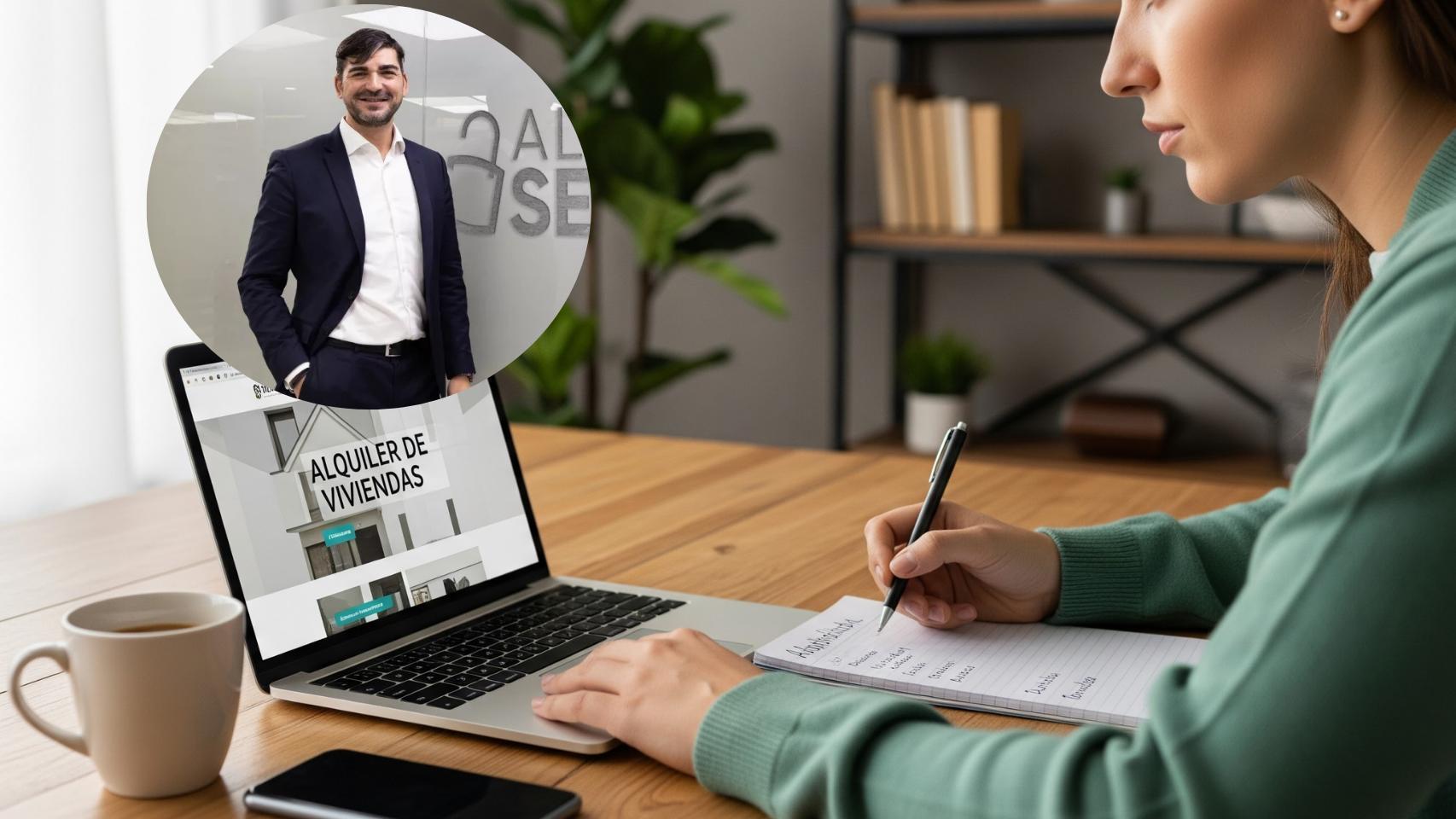Montaje de Daniel Caraballo con un joven buscando vivienda de alquiler en una imagen creada con IA.